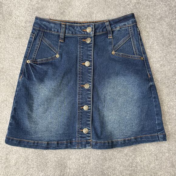FRYE Skirt Womens 2 Blue Denim Button Front A-Line Pockets Stretch Jean Casual - Picture 1 of 8